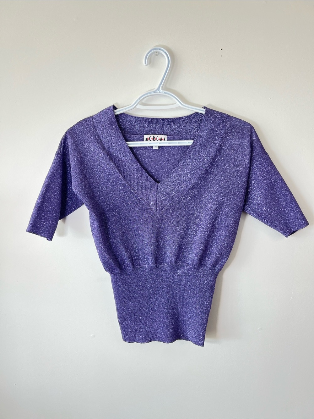 Vintage Morgan Tricot Sparkle Purple V-Neck Short Sleeve Top